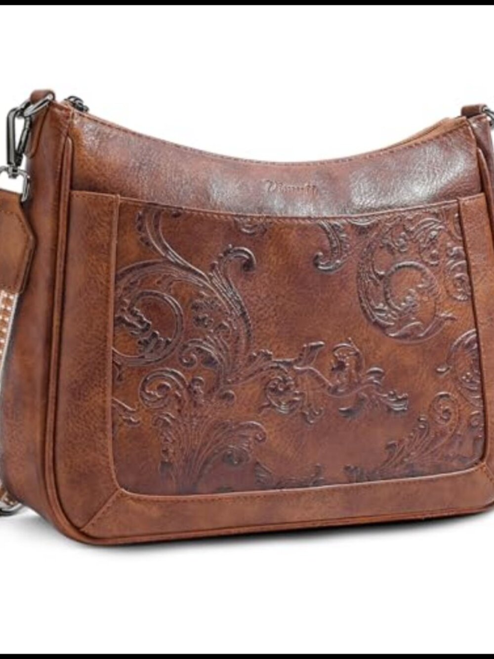 Vegan Leather Crossbody Bag Embossed Floral Wide Strap Purse